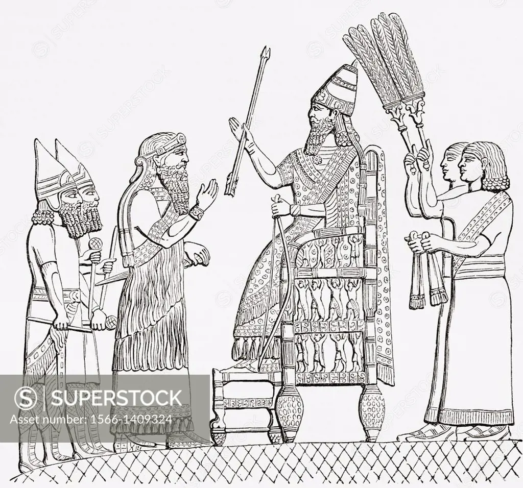 Sennacherib, Assyrian king, on his throne before the city of Lachish (Lakhisha). From The Imperial Bible Dictionary, published 1889.
