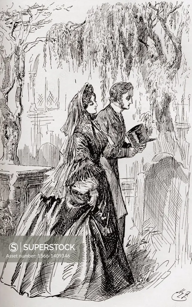 "Estella and Pip. """"I saw no shadow of another parting from her."""" Illustration by Harry Furniss for the Charles Dickens novel Great Expectations,...