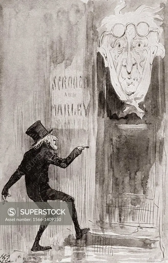 "The Ghostly Knocker. """"It was not angry or ferocious, but looked at Scrooge as Marley used to look: with ghostly spectacles turned up on its ghostl...