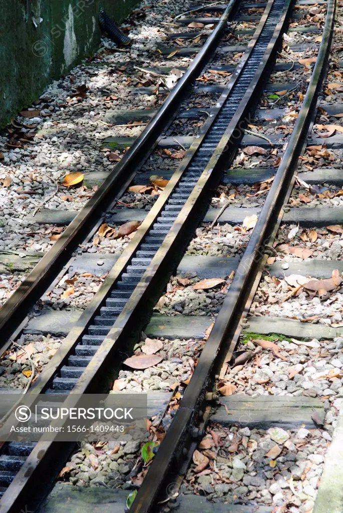 "Rio de Janeiro, Brazil: Railway track and rack belonging to the famous cog wheel train """"Trem do Corcovado"""" leading up to the mountain top of Co...