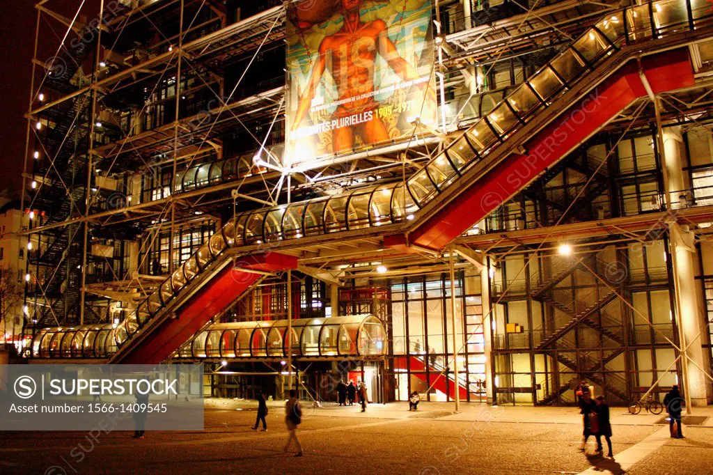 Entrance of the national center for art and culture Georges Pompidou by night, Paris, Île-de-France, France, Europe