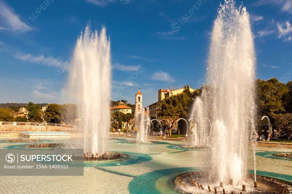 Place Massena fountains in the summer,Nice,Cote D´Azur,The French Riviera,France.