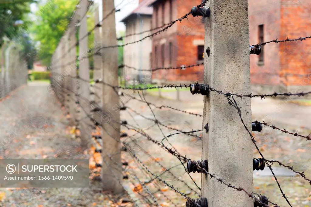 Barbed wire fence at Auschwitz concentration camp, Oswiecim, Poland, Europe.
