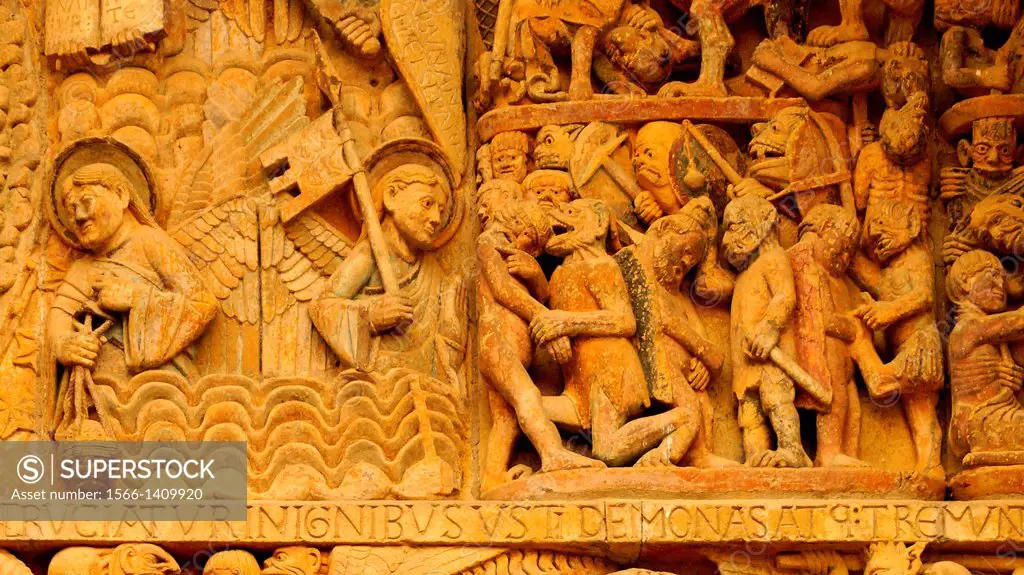 Detail on the tympanum, abbey-church of Saint-Foy, Conques, Way of St James, Aveyron, Midi-Pyrénées, France