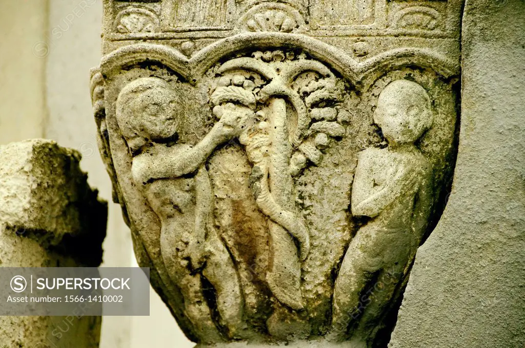 Spain-Asturias. Aviles. capitel with figures of Adam and Eve. Pilgrimage way to santiagoi de Compostela. Camino Norte.