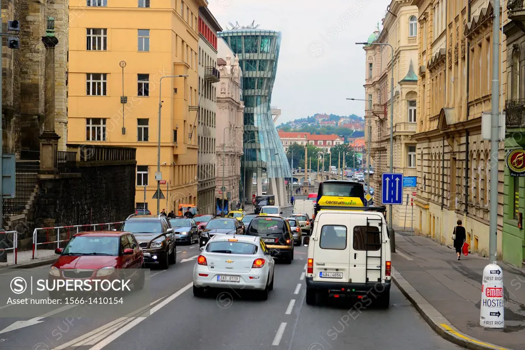 Traffic in Prague Czech Republic with Dancing House Europe CZ.