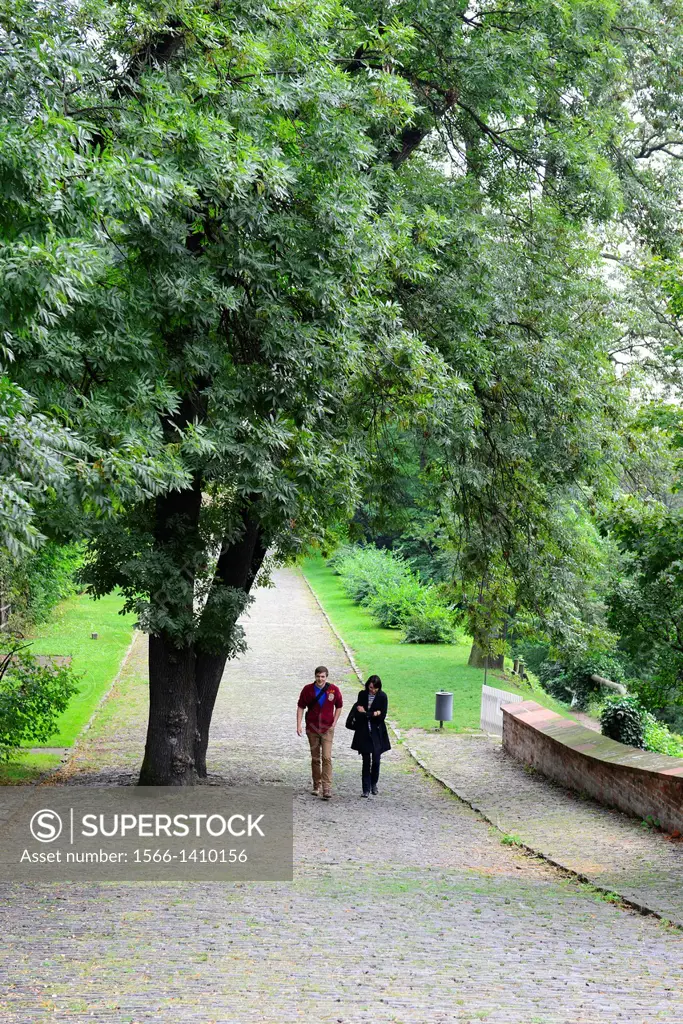 Couple walks in Prague Czech Republic Europe CZ.