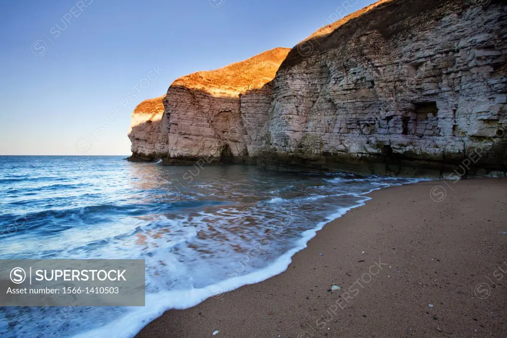 Thornwick Bay at Sunset Flamborough Head East Riding of Yorkshire England.
