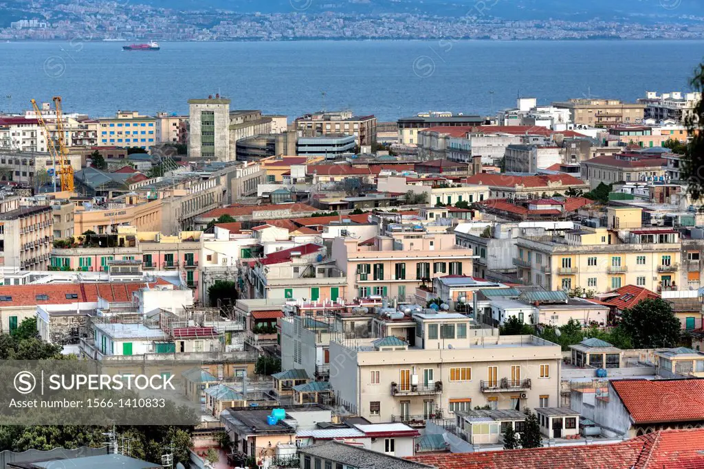 Cityscape and strait of Messina, Messina, Sicily, Italy.