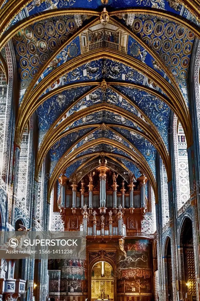 Europe, France, Tarn, Albi. Episcopal city, classified as UNESCO World Heritage. Cathedral Sainte-Cecile. The great organ and the Last Judgment, the w...