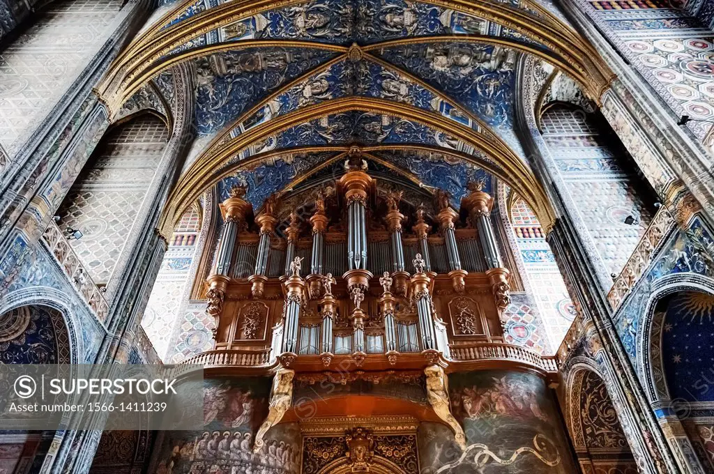 Europe, France, Tarn, Albi. Episcopal city, classified as UNESCO World Heritage. Cathedral Sainte-Cecile. The great organ and the Last Judgment, the w...