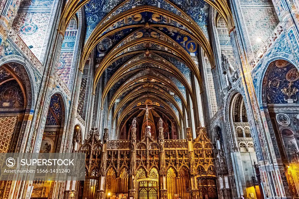 Europe, France, Tarn, Albi. Episcopal city, classified as UNESCO World Heritage. Cathedral Sainte-Cecile. The jube and the paintings on the vaulted ce...