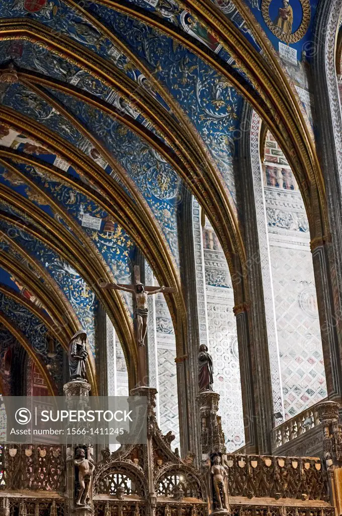 Europe, France, Tarn, Albi. Episcopal city, classified as UNESCO World Heritage. Cathedral Sainte-Cecile. The jube and the paintings on the vaulted ce...