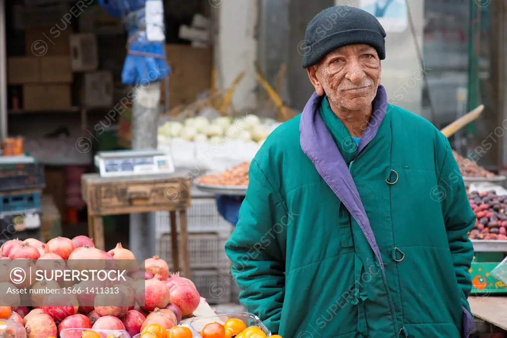Down Town, Amman, Jordan, Middle-East. Seventy (70) year old owner of a market stall, down town Amman, where he sells regionally produced fruits and v...