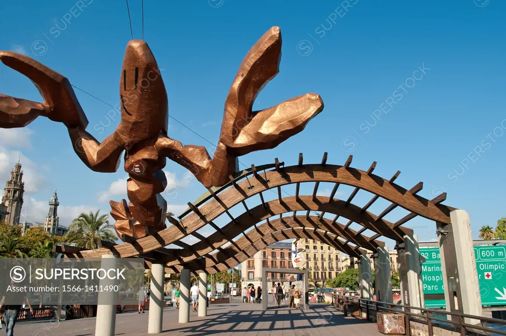 Crab sculpture at Moll de la Fusta - Wood Dock which runs along Passeig de Colom, Barcelona, Catalonia.