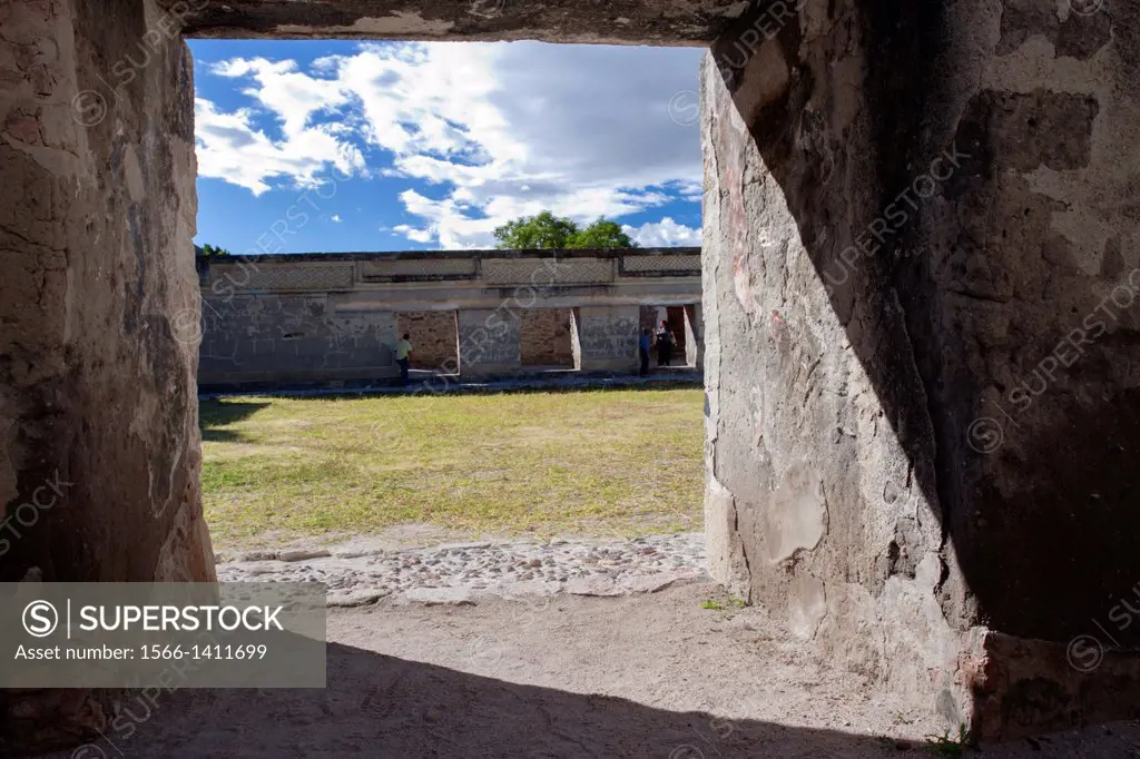 Religious pre columbian archaeological site, built 900 BC by the Zapotecs. Mitla, Oaxaca. Mexico