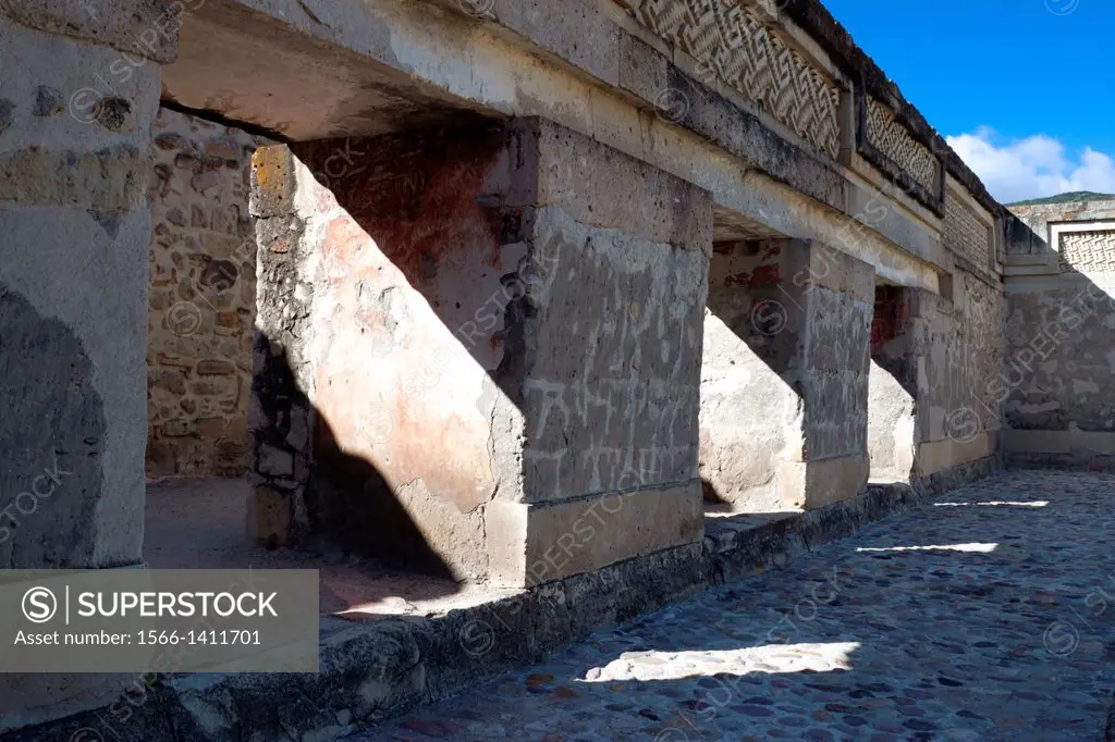 Religious pre columbian archaeological site, built 900 BC by the Zapotecs. Mitla, Oaxaca. Mexico