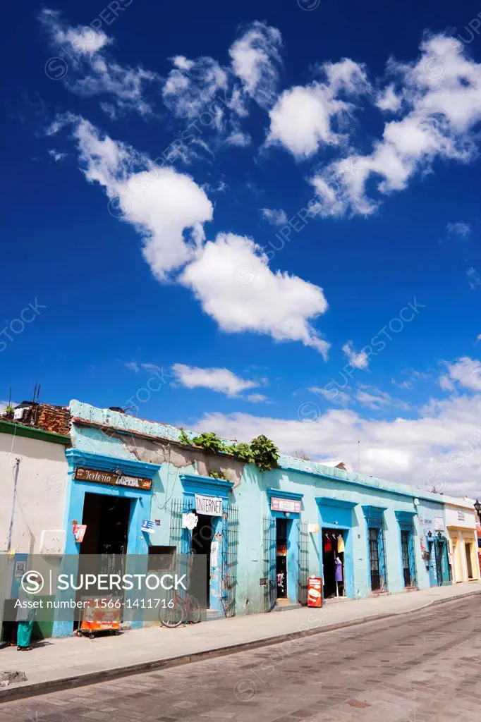 Sunny day and typical blue mexican house. Oaxaca, Oaxaca. Mexico