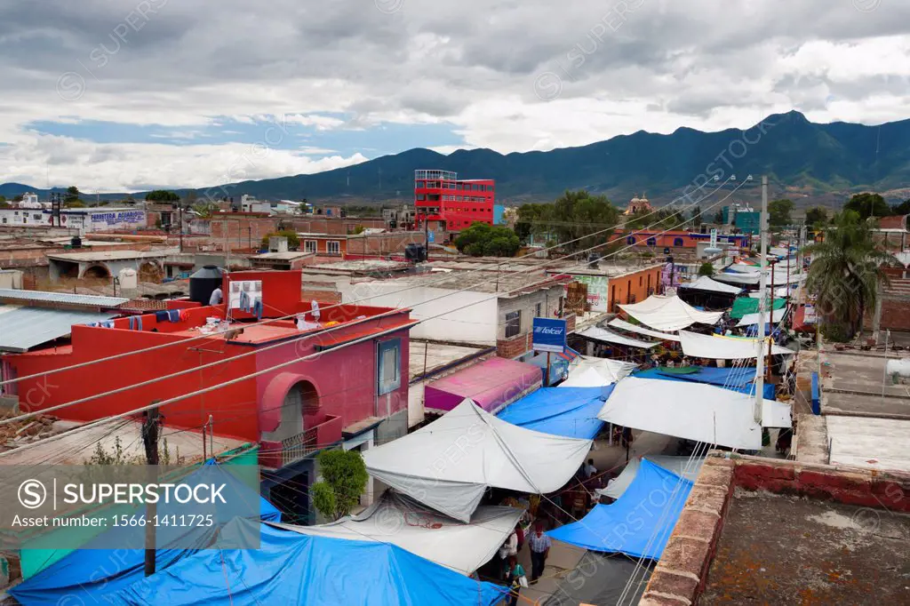 View from top on market street with many tarpaulins. Tlacolula, Oaxaca. Mexico