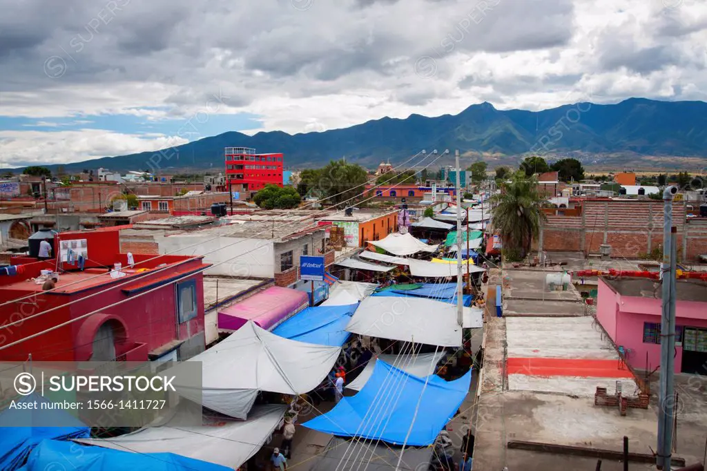 View from top on market street with many tarpaulins. Tlacolula, Oaxaca. Mexico