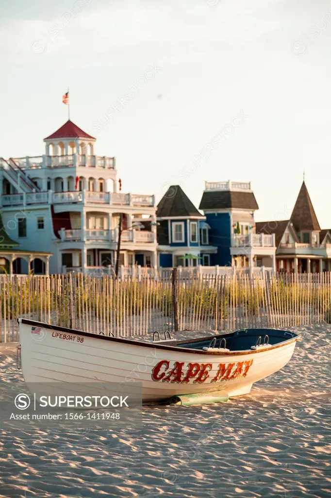 The Sea Mist is a 1873 historic Victorian home on Ocean Ave in Cape May and a life boat on the beach dune.