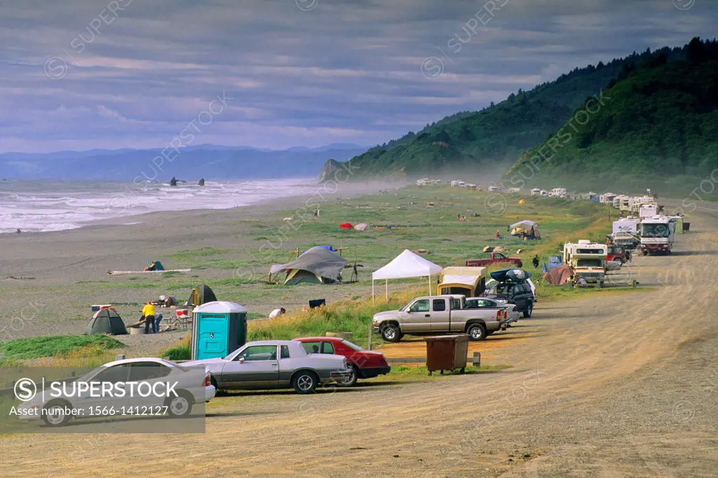 Line of cars & campers at beach, Redwood National Park, near Orick, Humboldt County, CALIFORNIA.