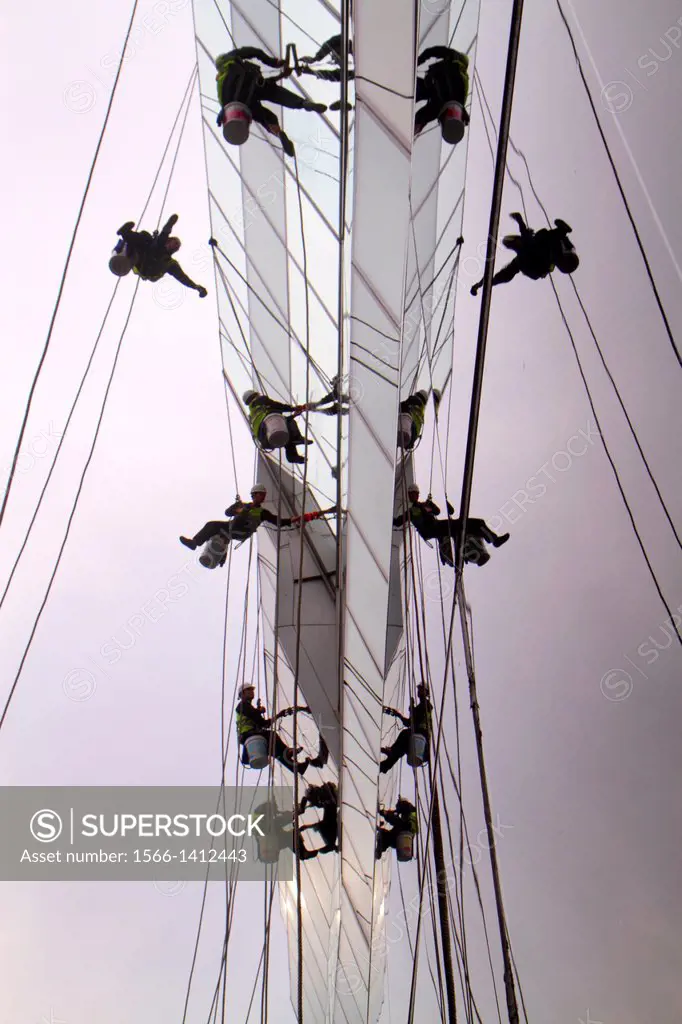 China, Beijing, Chaoyang District, Sanlitun Village, South North Piazza Deck, shopping, mall, center, centre, window washers, hanging, dangerous job, ...