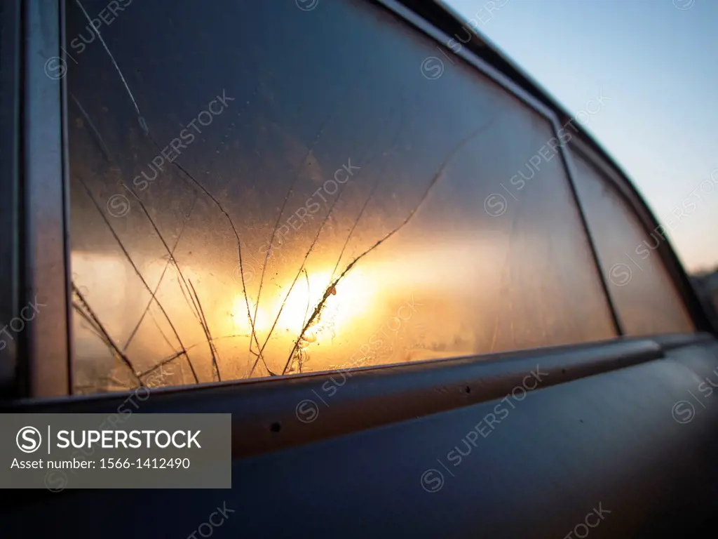 Broken glass window of a car, San Luis Obispo, California, United States.