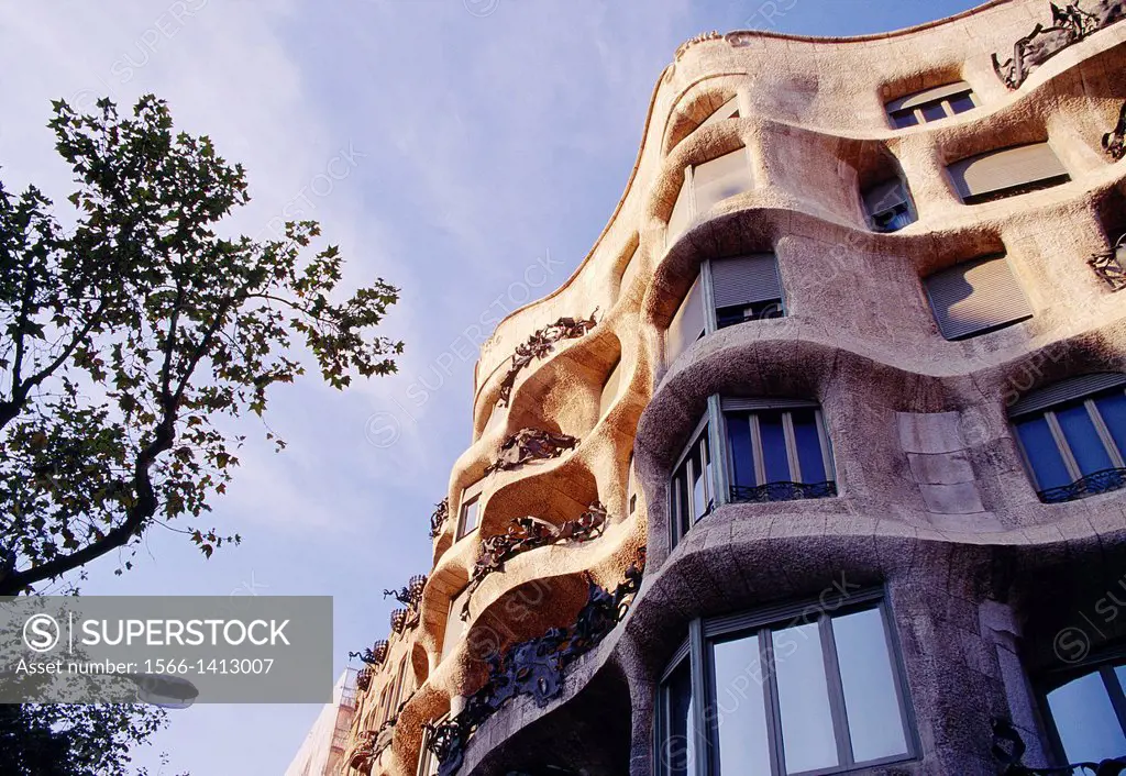 Facade of Mila House, view from below. Barcelona, Catalonia, Spain.