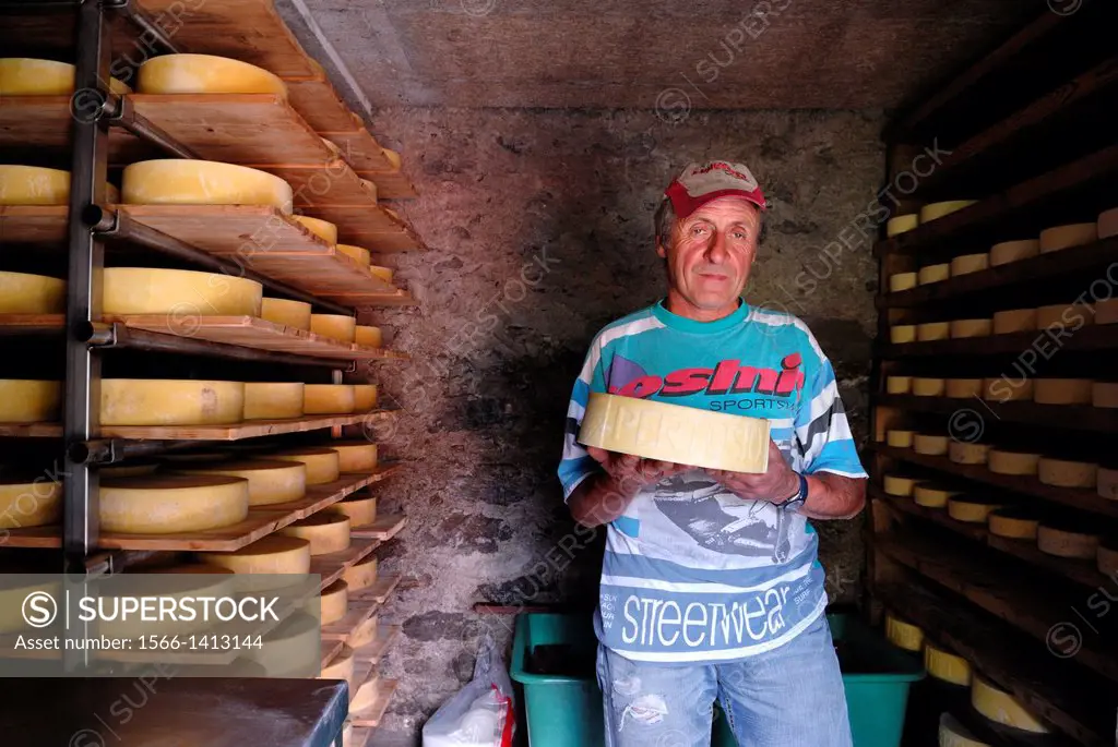 Louigi, cattle farmer, in his small cheese factory in montane grassland, Canton Ticino, Switzerland, Europe.
