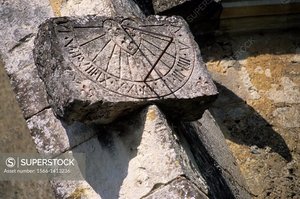 sundial of the Church of Courgeon, Regional Natural Park of Perche, Orne department, Lower Normandy region, France, Western Europe.