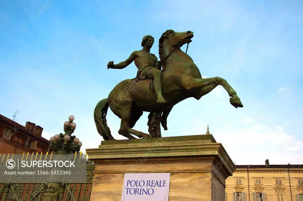 Equestrian statue at Piazza Castello in front of Palazzo Reale the royal palace central Turin Piedmont region Italy Europe.