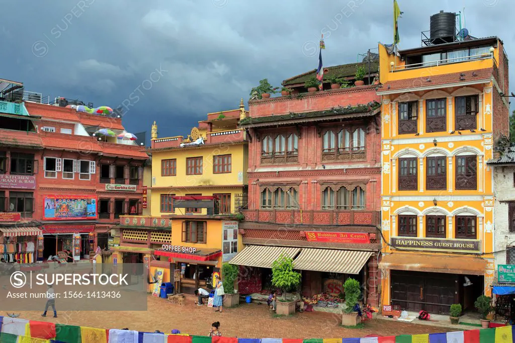 Old houses near Boudhanath stupa, Kathmandu, Nepal.