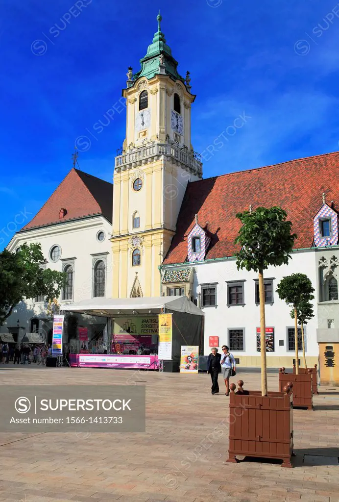 Hlavne namesti, main square, old city hall clock tower, Bratislava, Slovakia.