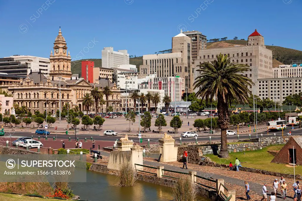 Cityscape with Castle of Good Hope moat and the City Hall, Cape Town, Western Cape, South Africa.