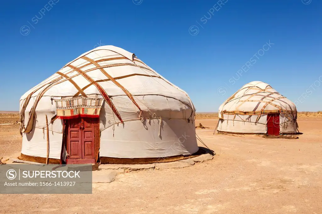 Yurts, Ayaz Kala Yurt Camp, Ayaz Kala, Khorezm, Uzbekistan.
