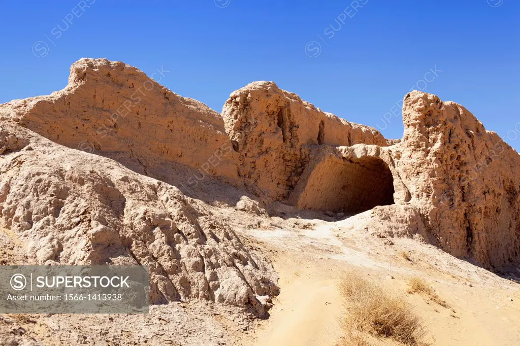 An ancient wall and archway at Ayaz Kala Fortress 1, Ayaz Kala, Khorezm, Uzbekistan.