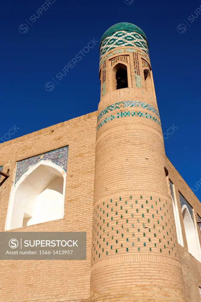 Minaret on Orient Star Hotel, formerly Mohammed Amin Khan Madrasah, Ichan Kala, Khiva, Uzbekistan.
