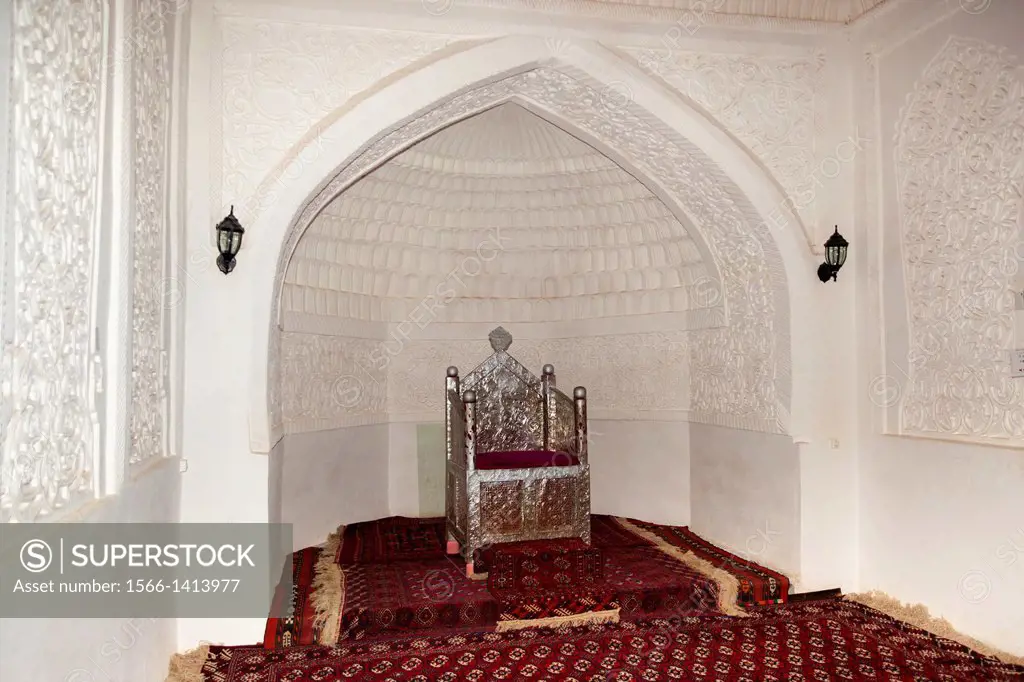 Throne room in reception hall, Kunya Ark, also known as Kohna Ark, Ichan Kala, Khiva, Uzbekistan.