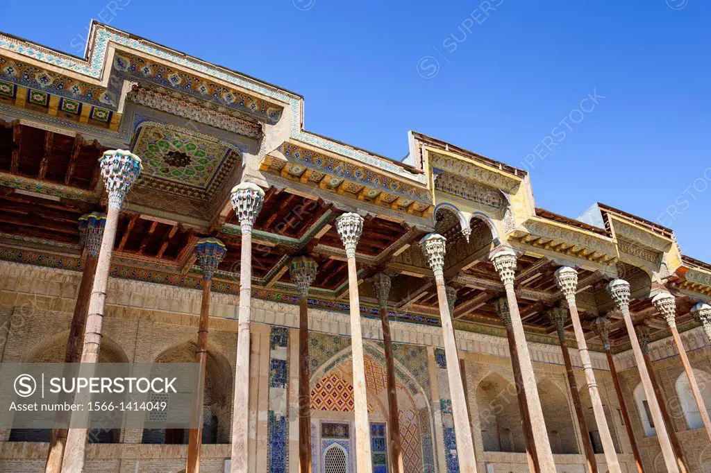 Bolo Hauz Mosque, also known as Bolo Khauz Mosque, Bukhara, Uzbekistan.