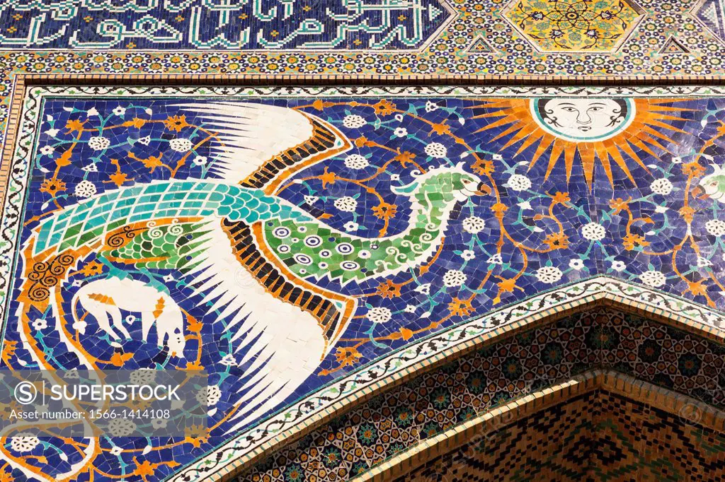 Mosaic on front of Nadir Divan Begi Madrasah, also known as Nadir Divan Beghi Madrasah, Bukhara, Uzbekistan.