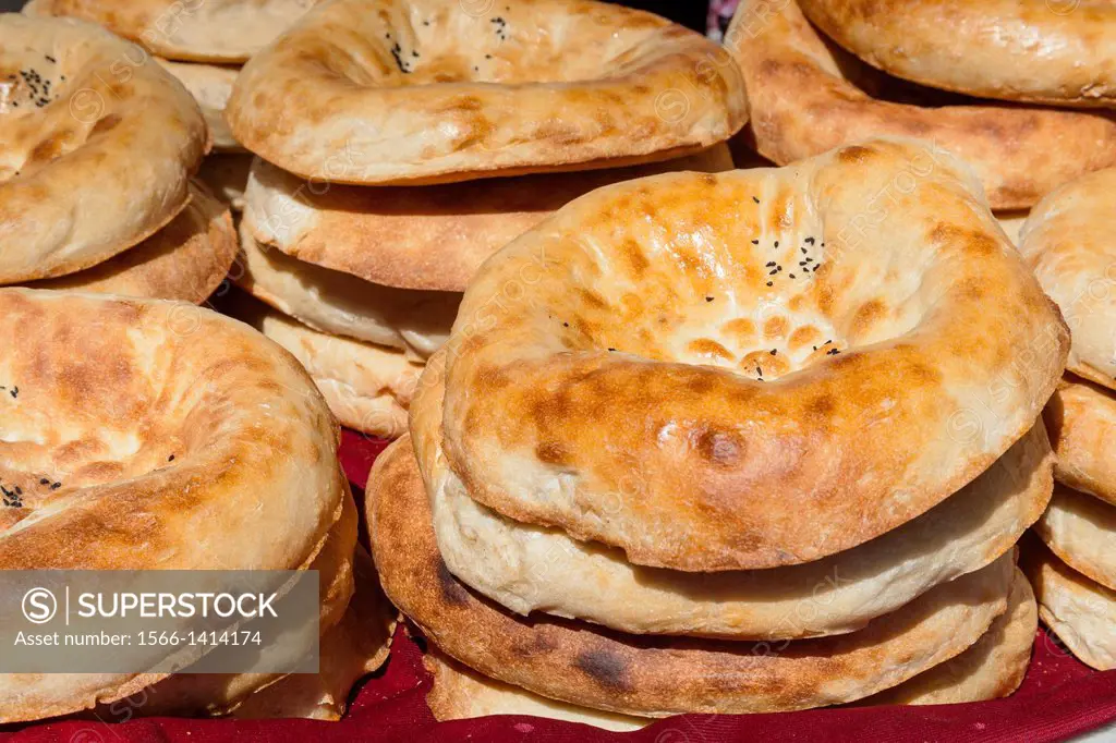 Non bread for sale, Siyob Market, also known as Siab Market, Samarkand, Uzbekistan.
