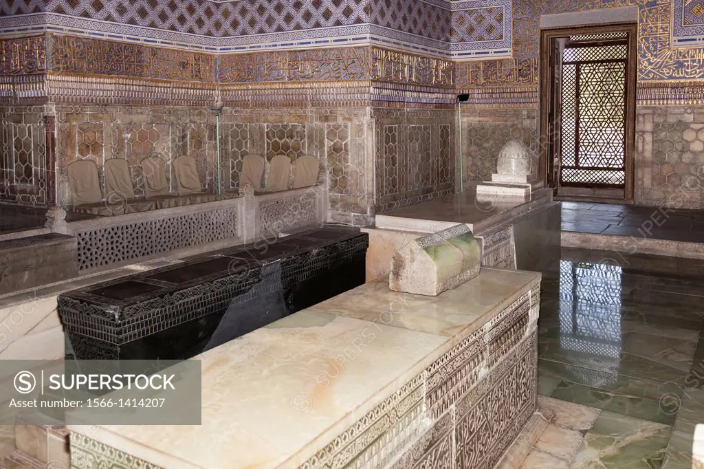 Timurs jade tomb, Gur Emir Mausoleum, (Gur Amir, Guri Amir, Gur-E Amir, and Gur-I Amir), Samarkand, Uzbekistan.