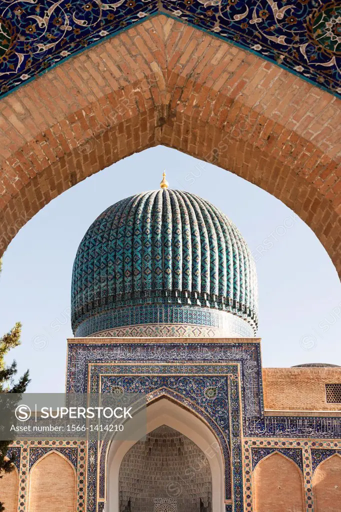 Gur Emir Mausoleum, also known as Gur Amir, Guri Amir, Gur-E Amir, and Gur-I Amir, Samarkand, Uzbekistan.