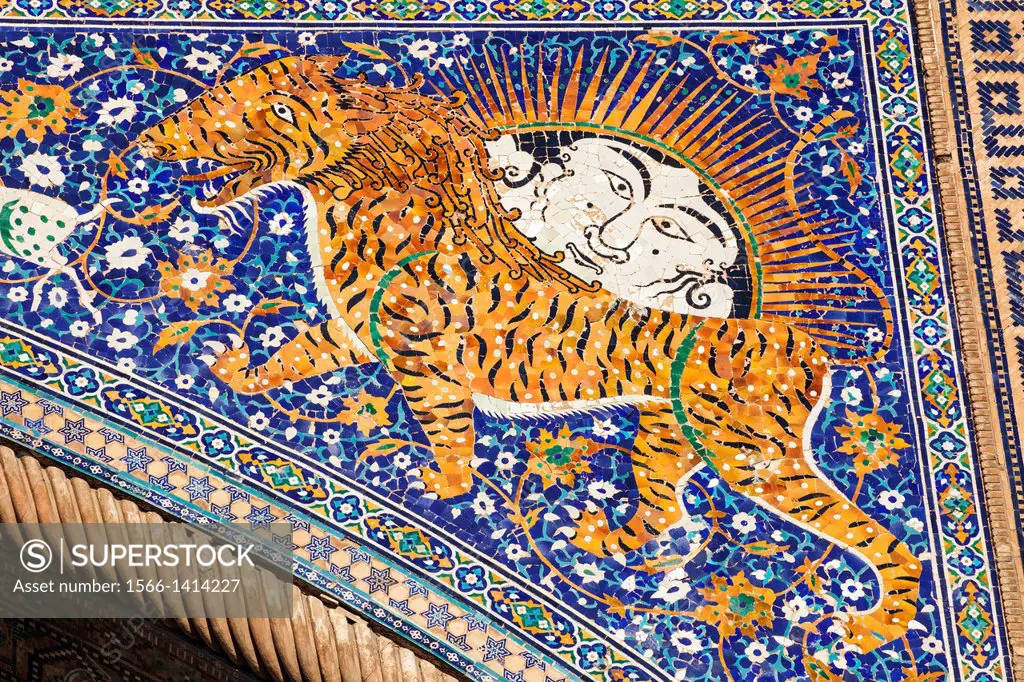Mosaic on front of Sher Dor Madrasah, also known as Shir Dor Madrasah, Registan Square, Samarkand, Uzbekistan.