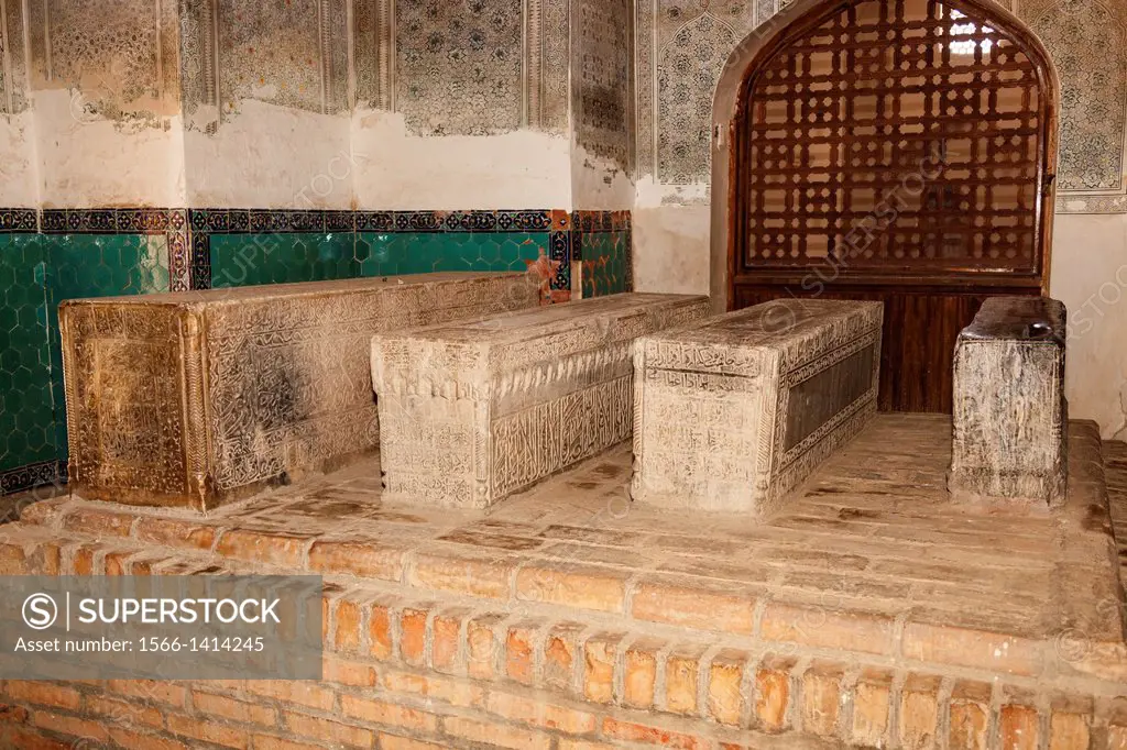 Tombs in Gumbazi Saidon Mausoleum, Dorut Tilovat Complex, Shakhrisabz, Uzbekistan.