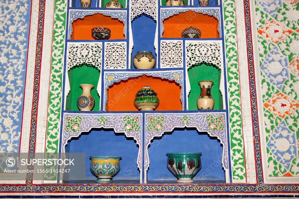 Ceramic pots on shelves in reception room, House of Alexander Polovtsev, Museum of Applied Arts, Tashkent, Uzbekistan.