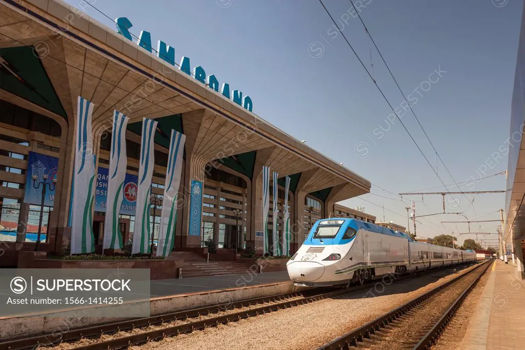 Afrosiyob Samarkand to Tashkent fast train, Samarqand railway station, Samarkand, Uzbekistan.