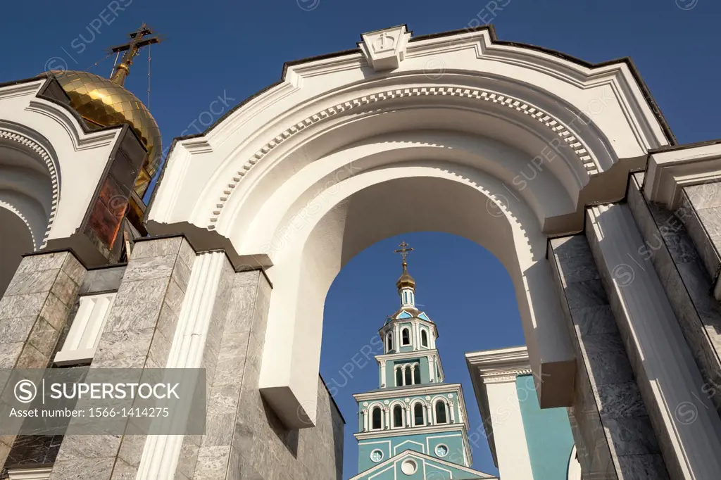 Bell tower and arch, Saint Uspensky Sobor Russian Orthodox Assumption Cathedral, Tashkent, Uzbekistan.