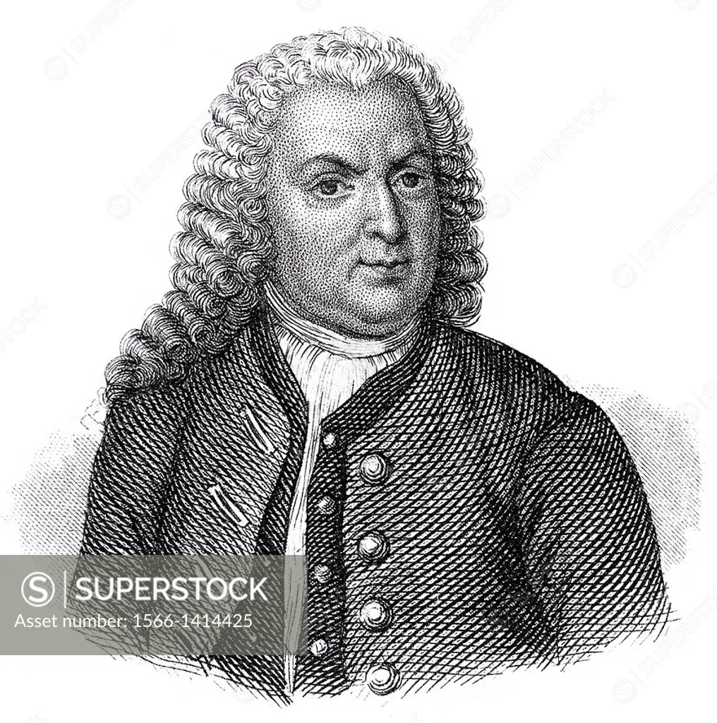 Portait of Johann Sebastian Bach, 1685 - 1750, a German composer and organ and piano virtuoso of the Baroque,.